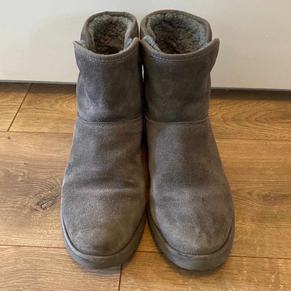Grey suede and shearling UGG pull on booties